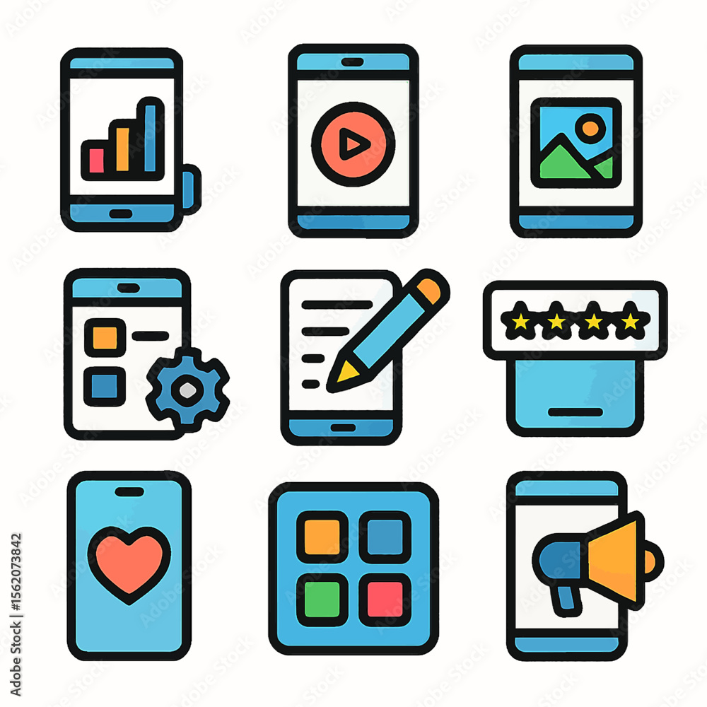 Poster mobile app icons vector set featuring smartphone interface and design elements