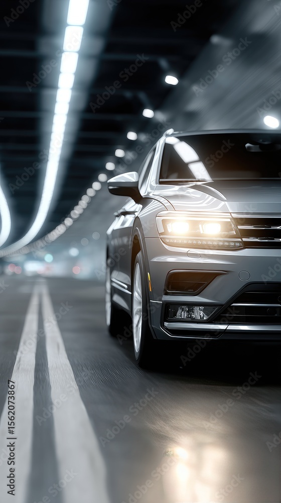 Poster black suv accelerates at high speed within a dimly lit tunnel featuring striking lighting and a dyna