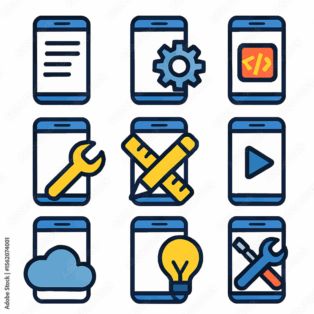 Poster mobile application development icons illustrating various features and tools on smartphones