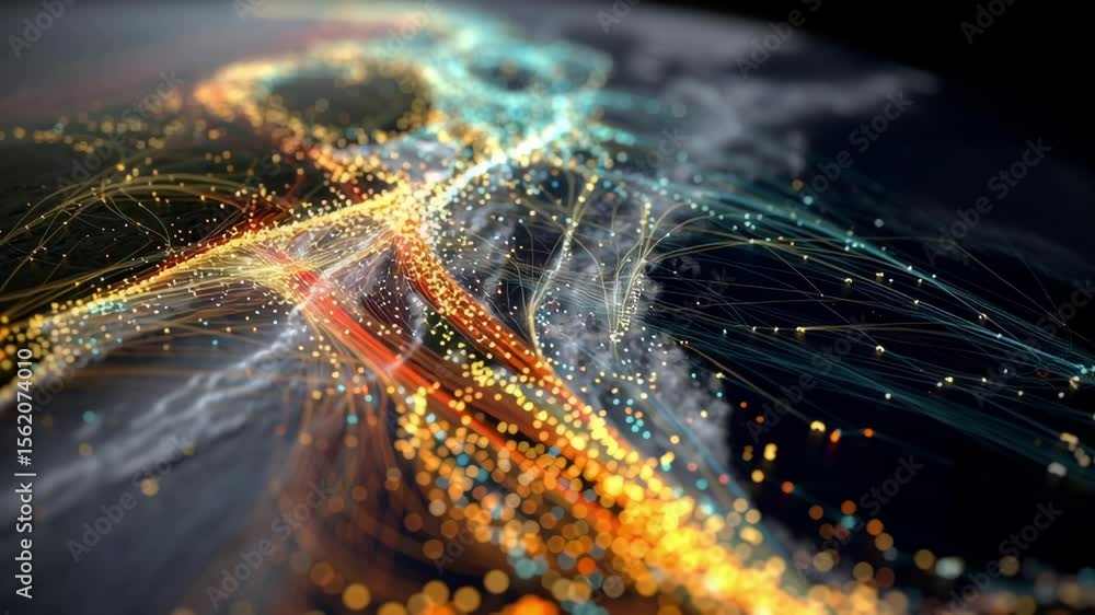 Poster planet earth is rotating with illuminating lines showing global network and data exchange, represent