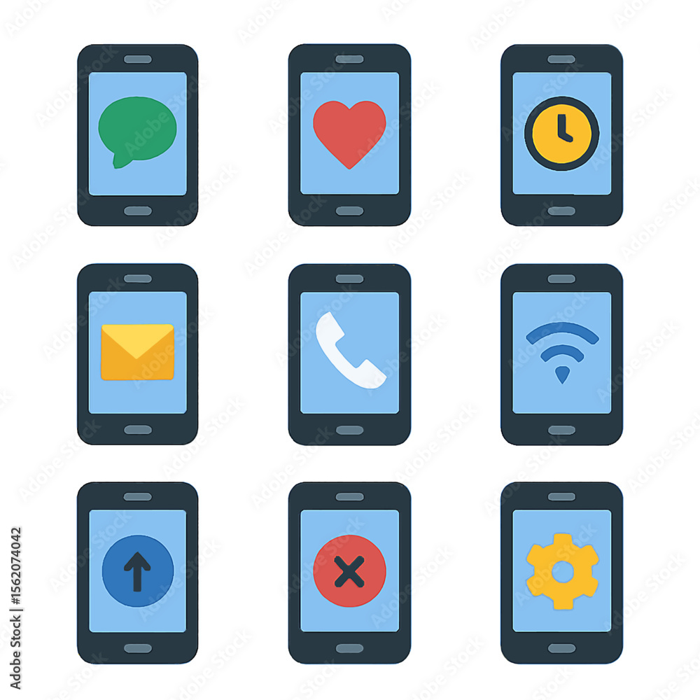 Poster mobile phone icons displaying communication and application interfaces set for design