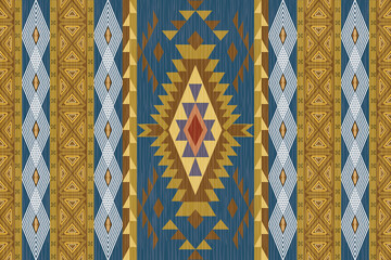 A vibrant Ikat-inspired floral geometric seamless pattern with tribal and ethnic elements, perfect for textile, pillow, and fashion design. The colorful symmetrical motifs blend traditional craft