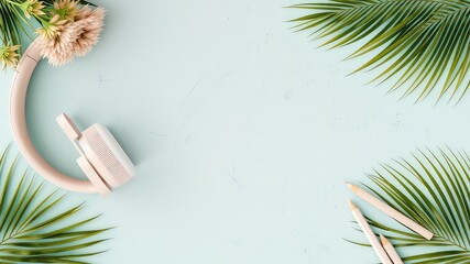 Creative workspace flat lay with listening device, sketching pencils, and tropical leaves on a light colored surface