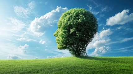 A green tree with a human head shape growing out of it, set against a blue sky with white clouds.
