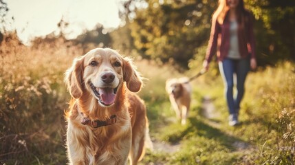A woman walking her golden retriever dog in a lush green field with tall grass and trees in the background.