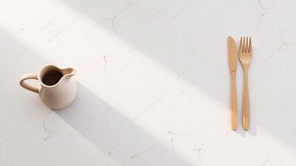 Minimalist table setting with ceramic jug and wooden cutlery bathed in natural light from above casting shadows