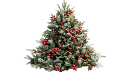 Christmas tree with red berries and natural twigs mixed with traditional decorations Transparent background, PNG