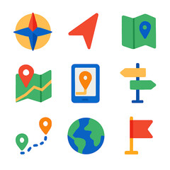 Navigation icons collection featuring compass, map, pointer, signpost and globe