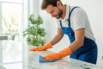Fototapeta premium Apartment cleaning worker using spray and cloth on wooden table | professional home cleaning service concept for stock visuals