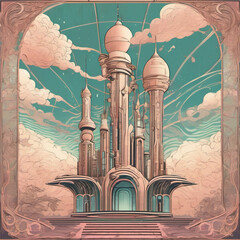 Ethereal Art Nouveau Cloud City on 16mm Film – Surreal Skyline Fantasy