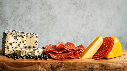 Artisan cheese and cured meat arrangement on a wooden board with a rustic background, displaying a flavorful and appetizing selection