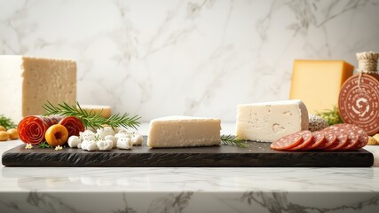 Culinary display of artisanal cheeses and cured meats artfully arranged on a dark wooden board with marble background creating an inviting appetizer.