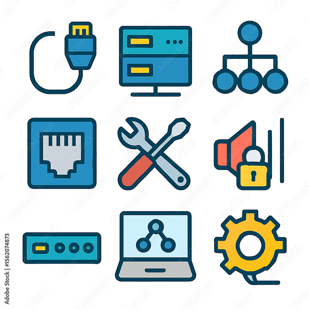 Poster network configuration icons depicting server maintenance and security connections