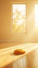 Sunlit room with an orange soft fabric item on a polished wooden floor creates a scene of warmth and relaxation