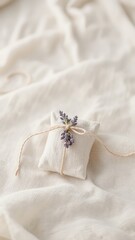 Small linen sachet adorned with dried flowers and tied with twine, resting gently on a softly textured fabric background