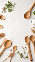 Minimalist kitchen scene featuring wooden cooking utensils and organic green elements against a speckled white surface