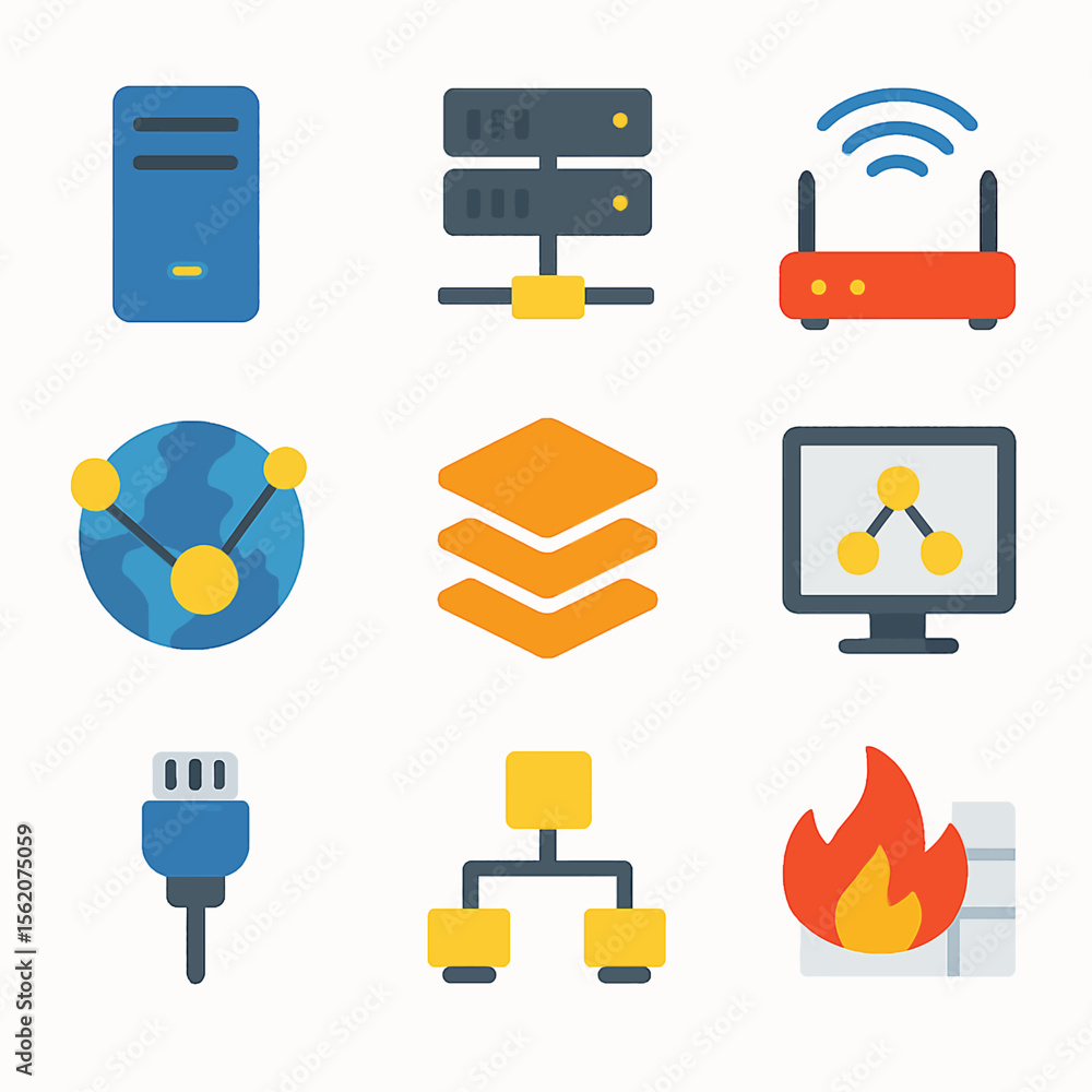 Poster network infrastructure elements featuring server, router, global network, and firewall