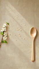 Natural linen surface with wooden spoon, spring flower branch, and scattered grains under soft light creating a calm and inviting scene