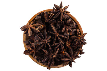 star anise in wooden dish, top view isolated on transparent background. png image