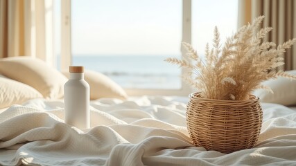 Serene morning scene with a reusable bottle and dried grass arrangement sitting atop a cozy blanket against a soothing seascape backdrop
