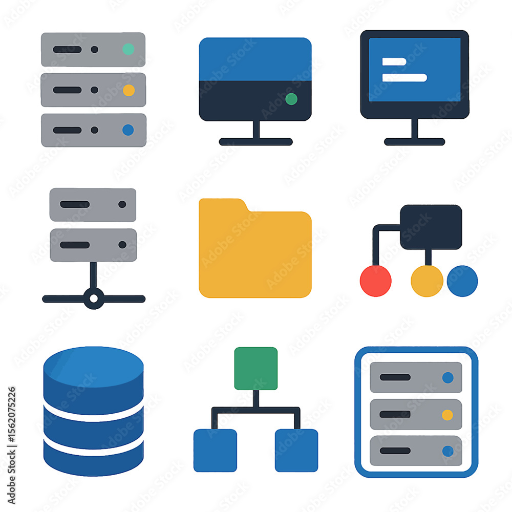 Poster Network infrastructure icons representing database server connectivity and data sharing