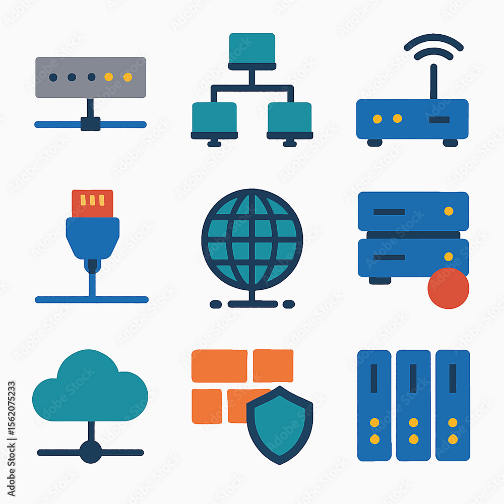 Poster network infrastructure icons representing server, cloud, router, and firewall components