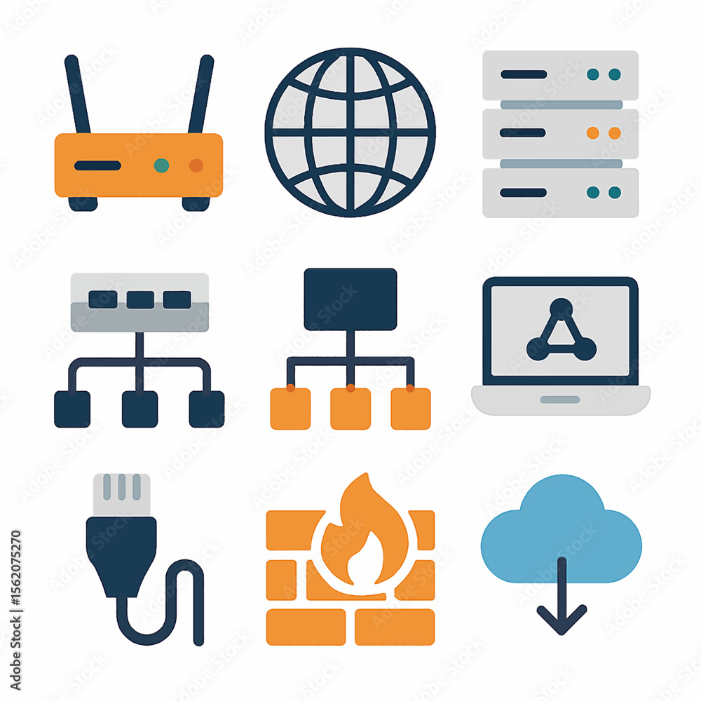 Poster network infrastructure icons set featuring router, server, internet, connection and security element
