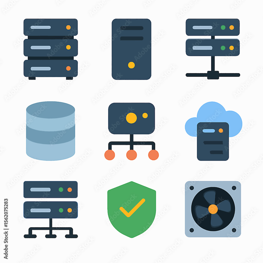Poster network infrastructure illustrated with server data cloud and system security icons