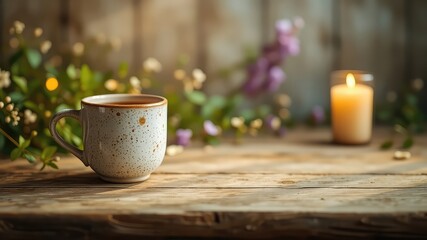 Aromatic beverage steams gently in a ceramic mug, next to a warm candle and fresh flowers, resting upon weathered wooden boards