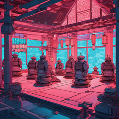 Futuristic Samurai Cyber Tea House in 2D Flat Style with Photogrammetry – Digital Art Illustration