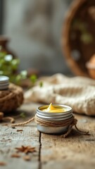 A close-up of a homemade ointment or salve in a metal container tied with twine on a rustic wood surface