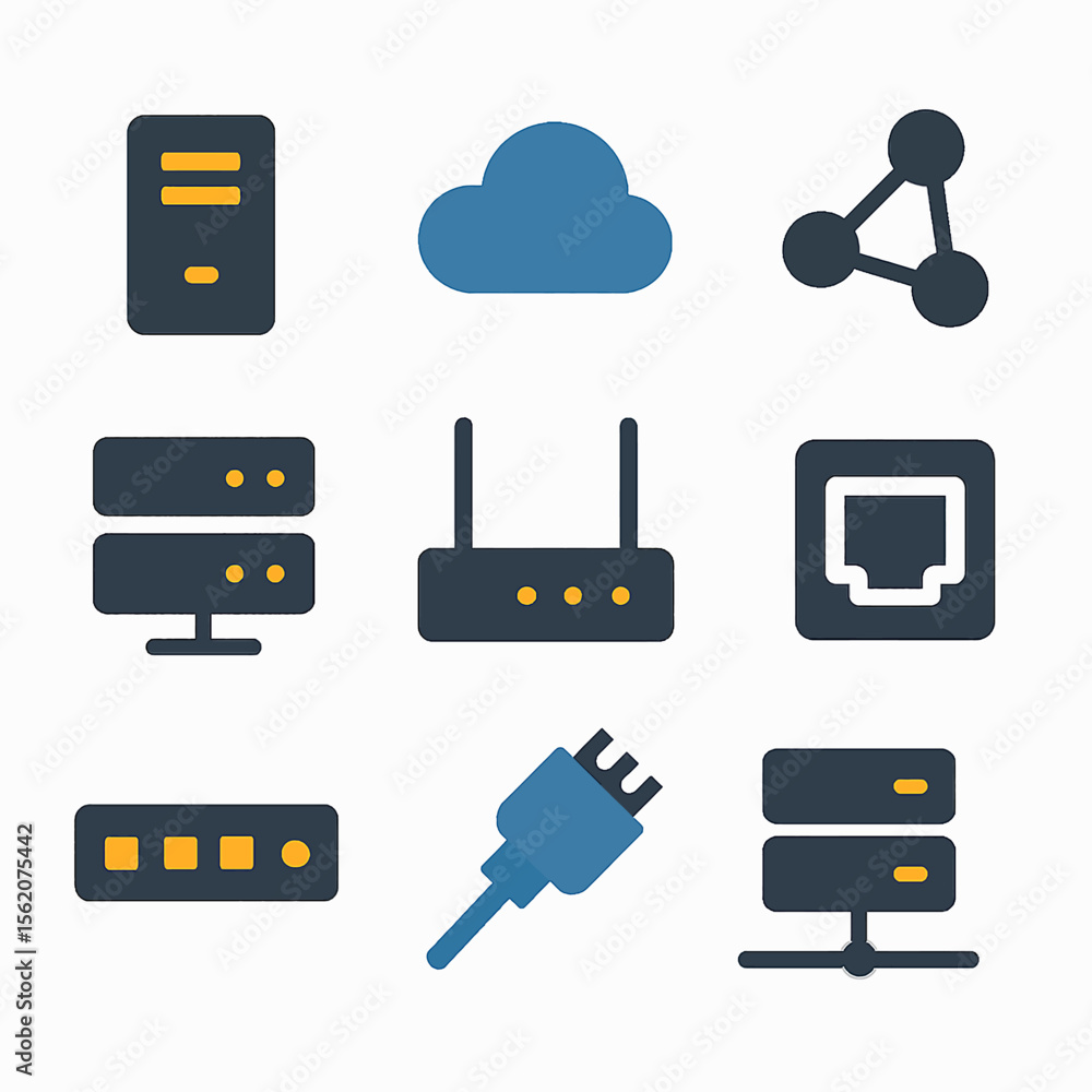 Poster network infrastructure vector icons set featuring server, cloud, connection and router
