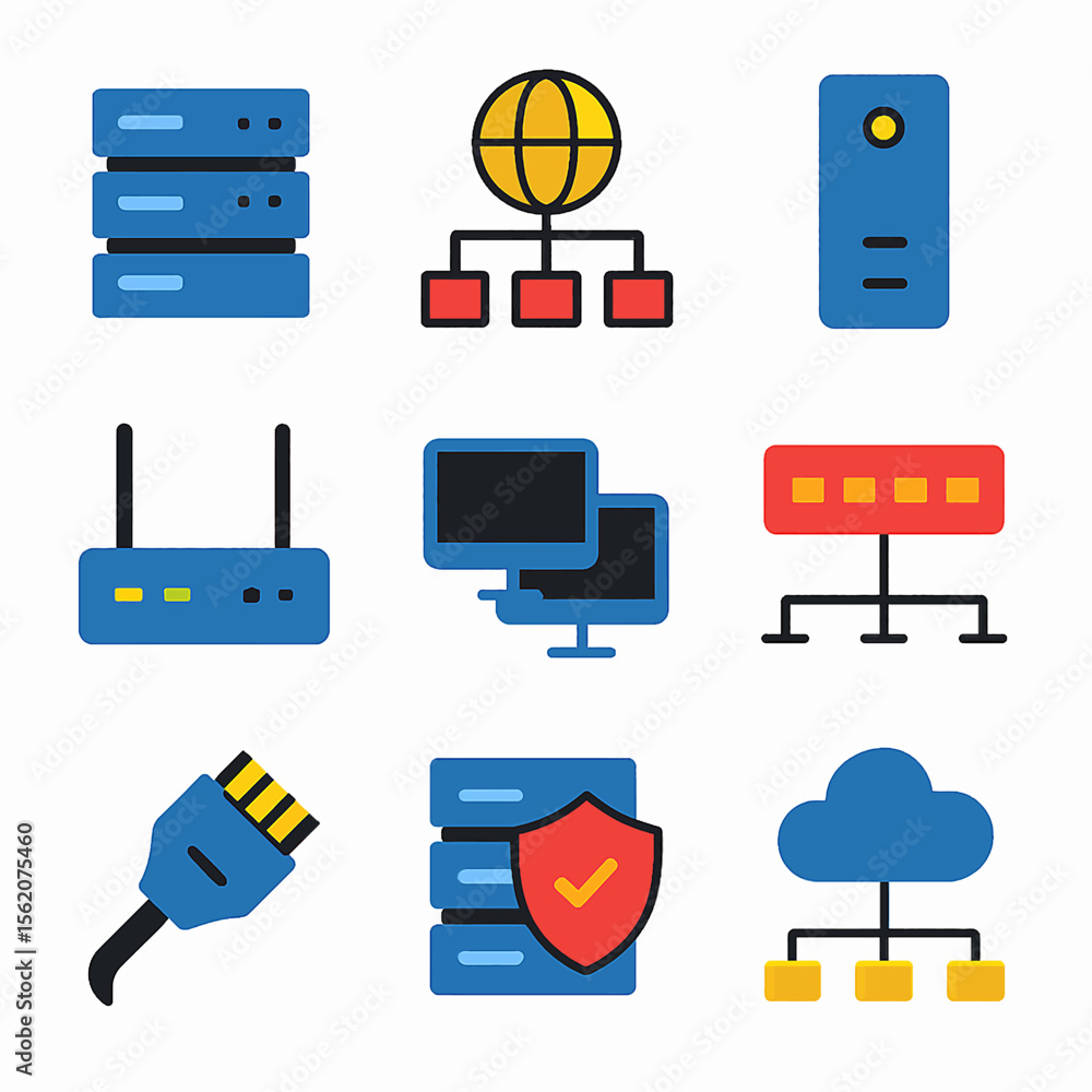 Aufkleber network infrastructure vector icons featuring servers, cloud, computers and connections