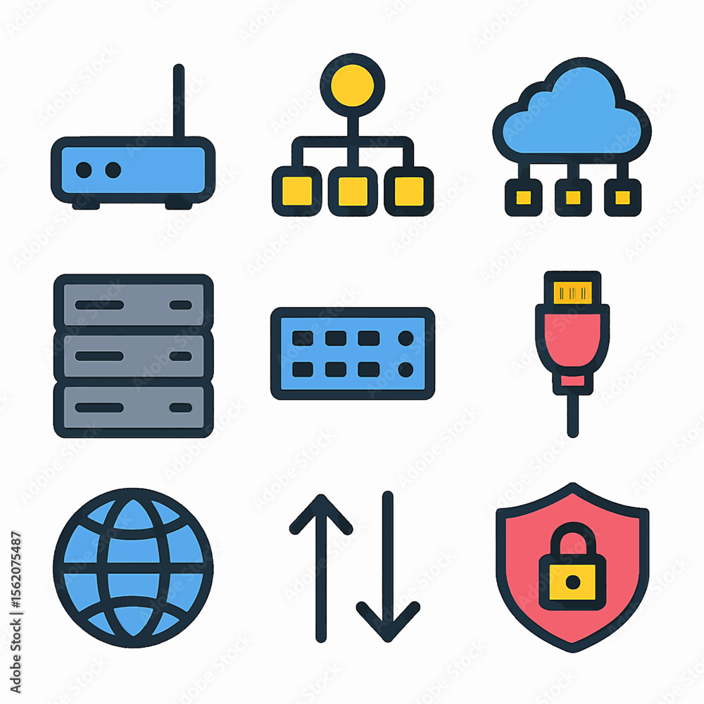 Aufkleber network infrastructure with cloud computing and data exchange symbols illustration