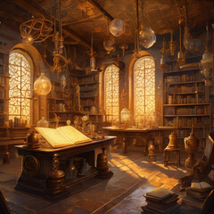 Light Academia Digital Alchemy Lab Oil Painting – Vintage Magic & Science