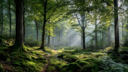 Obraz premium Sunlit, misty morning forest