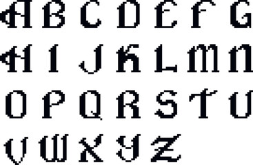 Full English alphabet in pixel art style with gothic and medieval design elements. Decorative uppercase letters. Vector illustration.
