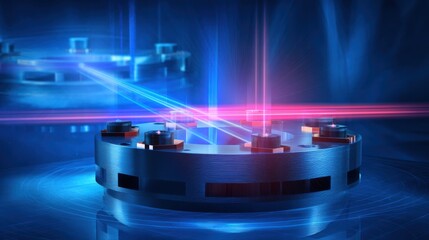 Circular metallic device with cylindrical and square components in a high-tech blue-toned environment, vibrant intersecting red and blue laser beams, blurred technological background.