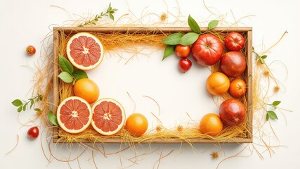 Fresh assortment of colorful red, pink, and orange fruit creatively arranged in a wooden crate on a light background