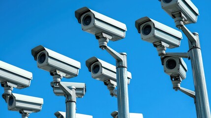 A group of security cameras mounted on poles against a clear blue sky.