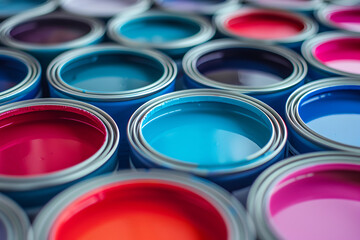 Vibrant palette of open paint cans displaying a multitude of colorful paint hues