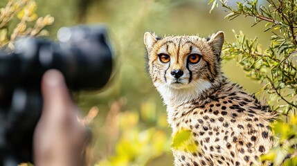 A cheetah sitting in a tree with a camera in the foreground.
