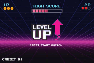 LEVEL UP icon pixel art. 8 bit game. retro game. Retro Futurism Sci-Fi Background. glowing neon grid. and stars from vintage arcade computer games