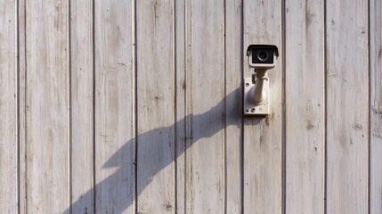 A white wooden fence with a security camera mounted on it.