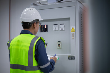 Electrician engineer performs control panel inspection wearing safety helmet and vest while taking...