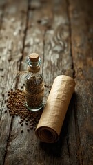 Small glass jar filled with seeds on a rustic wooden surface, near a rolled piece of parchment paper