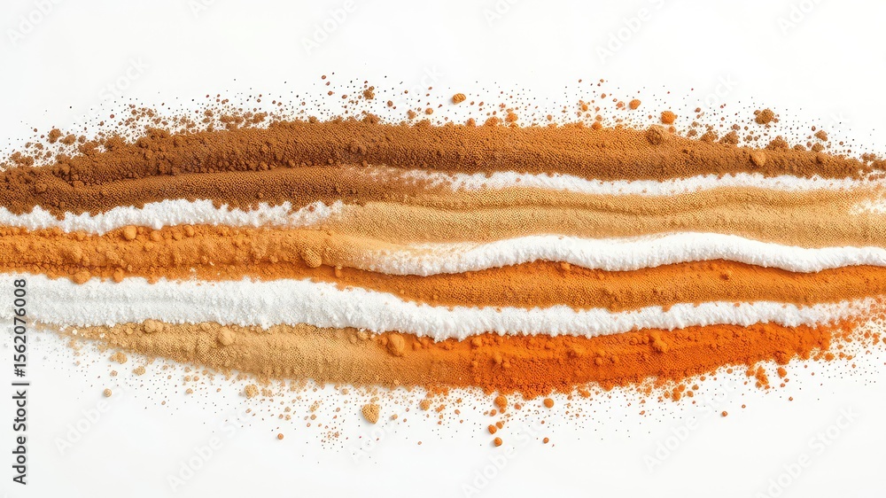 Aufkleber colorful layers of various powders create a striped pattern on a clean, white surface for abstract c
