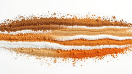 Colorful Layers of Various Powders Create a Striped Pattern on a Clean, White Surface for Abstract Composition