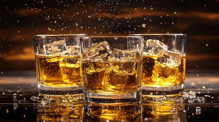 Three glasses of whiskey with ice cubes on a wooden table with a dark background.