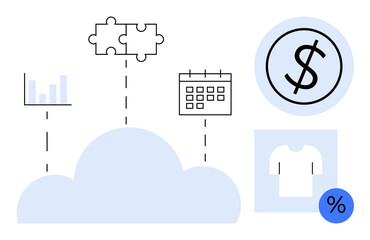 Cloud hosting links graphs, puzzles, calendar, dollar sign, and retail item suggesting e-commerce, analytics, planning, and integrations. Ideal for technology finance retail data cloud service
